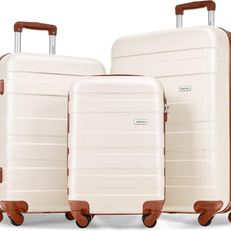 3 Pcs ABS Hardside Luggage Sets TSA Lock Spinner Wheel Suitcases, Pearly White, 20/24/28 Inch